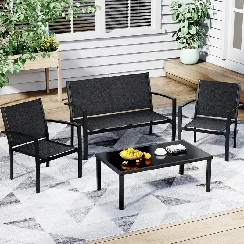 4-Piece Black Patio Furniture Set – Outdoor Conversation Set w/ Glass Table - Our3Designs
