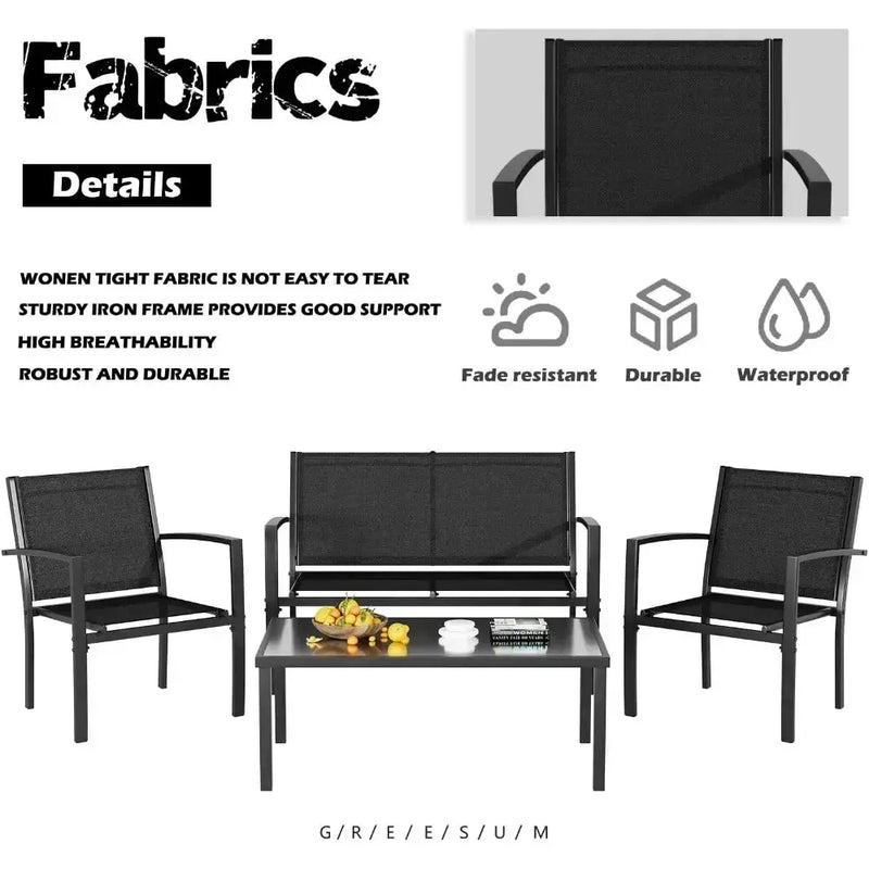 4-Piece Black Patio Furniture Set – Outdoor Conversation Set w/ Glass Table - Our3Designs
