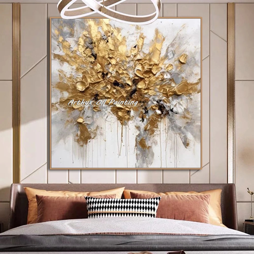 Arthyx Wall Art Picture Handpainted Texture Gold Flowers Oil Painting