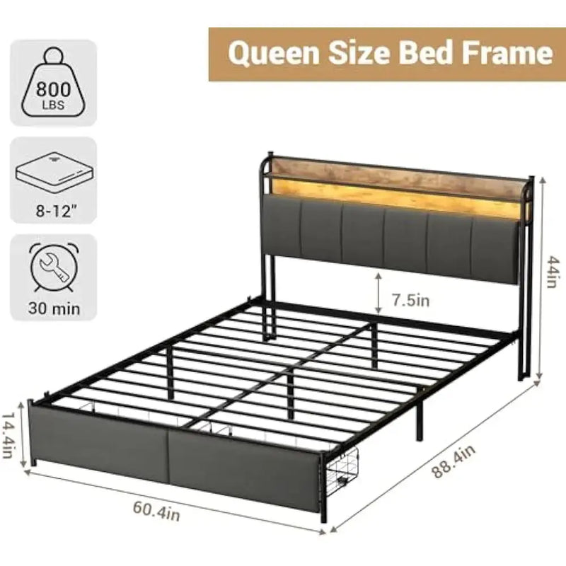 LED Queen Size Bed Frame with Storage Drawer and Charging Station, Metal Platform, No Box Spring Needed, Queen Size Bed Frame Our3Designs
