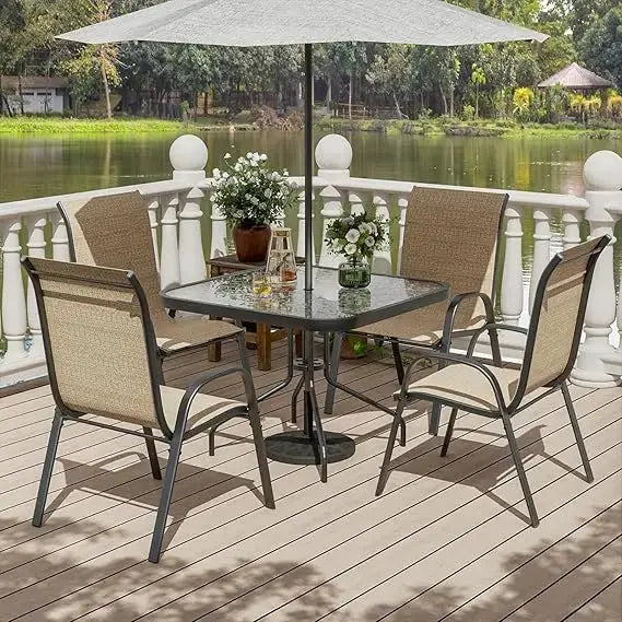 Patio Dining Set for 4, Outdoor Table and Chairs Set with Textured Glass Table, 4 Stackable Patio Chairs, Outdoor Furniture Set - Our3Designs