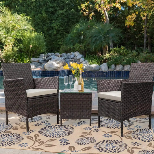 3-Piece Outdoor Bar Set – PE Rattan Wicker Table & Chairs w/ Cushions, Brown - Our3Designs