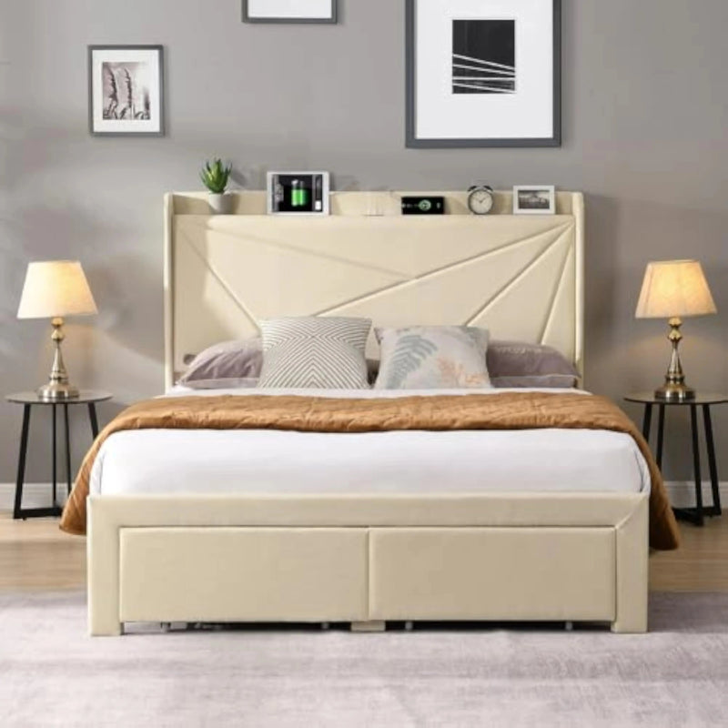Upholstered Bed Frame w/Charging Station&2 Storage Drawers, Upholstered Headboard Platform Bed, No Box Spring Needed, Beds Frame Our3Designs