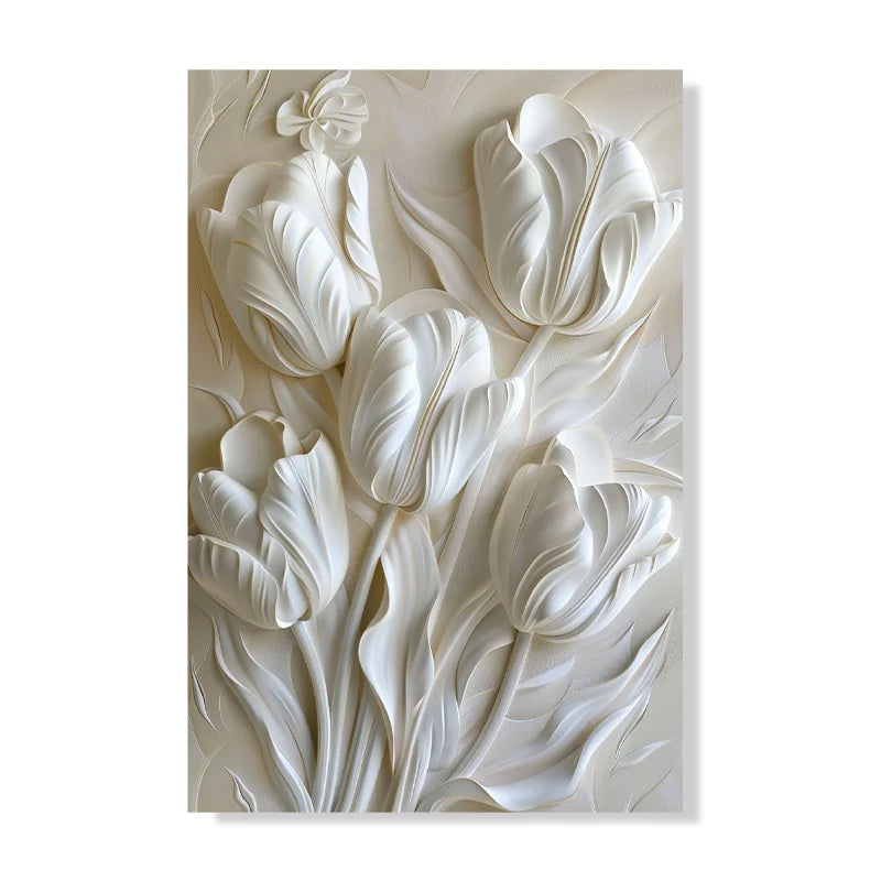 Modern Relief White Tulip Wall Art Decor Elegant Textured Flower Painting