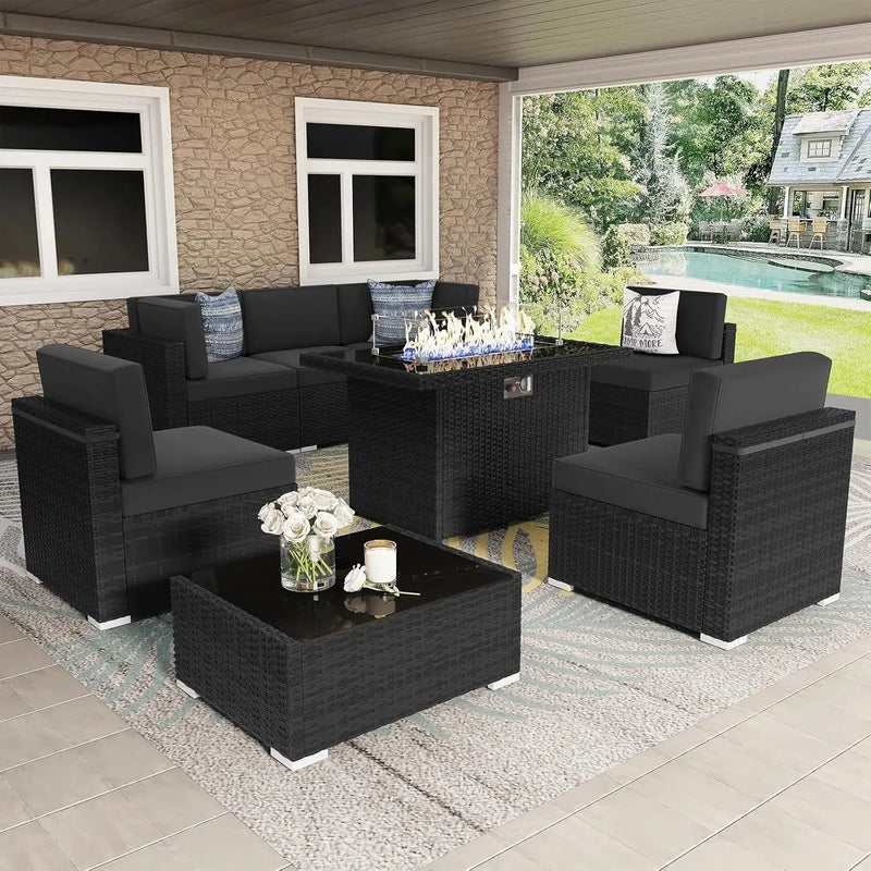 8 Pieces Patio Furniture Set with 44" Propane Gas Fire Pit Table, Outdoor Sectional Wicker Sofa Sets with Coffee Table Our3Designs