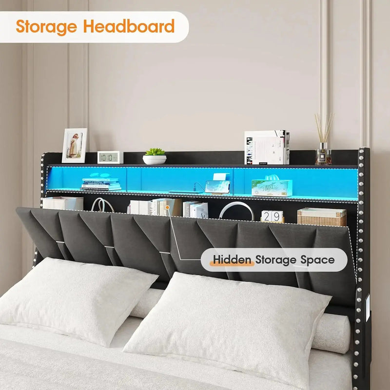 Vabches Queen Size Bed Frame with Headboard&4 Dustproof Storage Drawer Upholstered Platform Bed Frame with Power Strip&LED Light Our3Designs