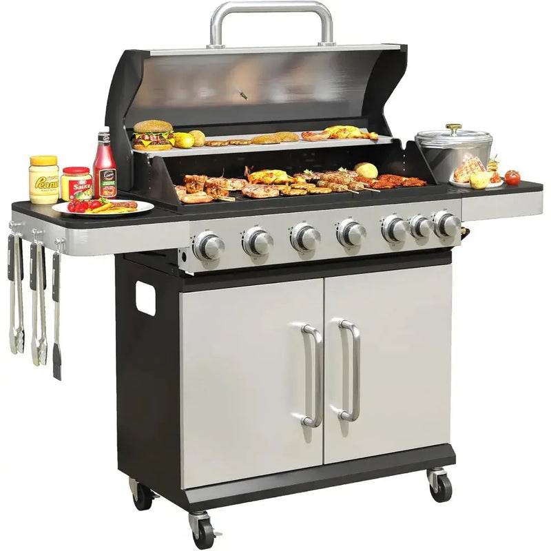 6-Burner Propane Gas BBQ Grill w/ Side Burner – 65,500 BTU Stainless Steel - Our3Designs