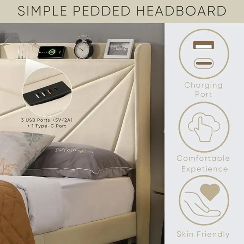 Upholstered Bed Frame w/Charging Station&2 Storage Drawers, Upholstered Headboard Platform Bed, No Box Spring Needed, Beds Frame Our3Designs