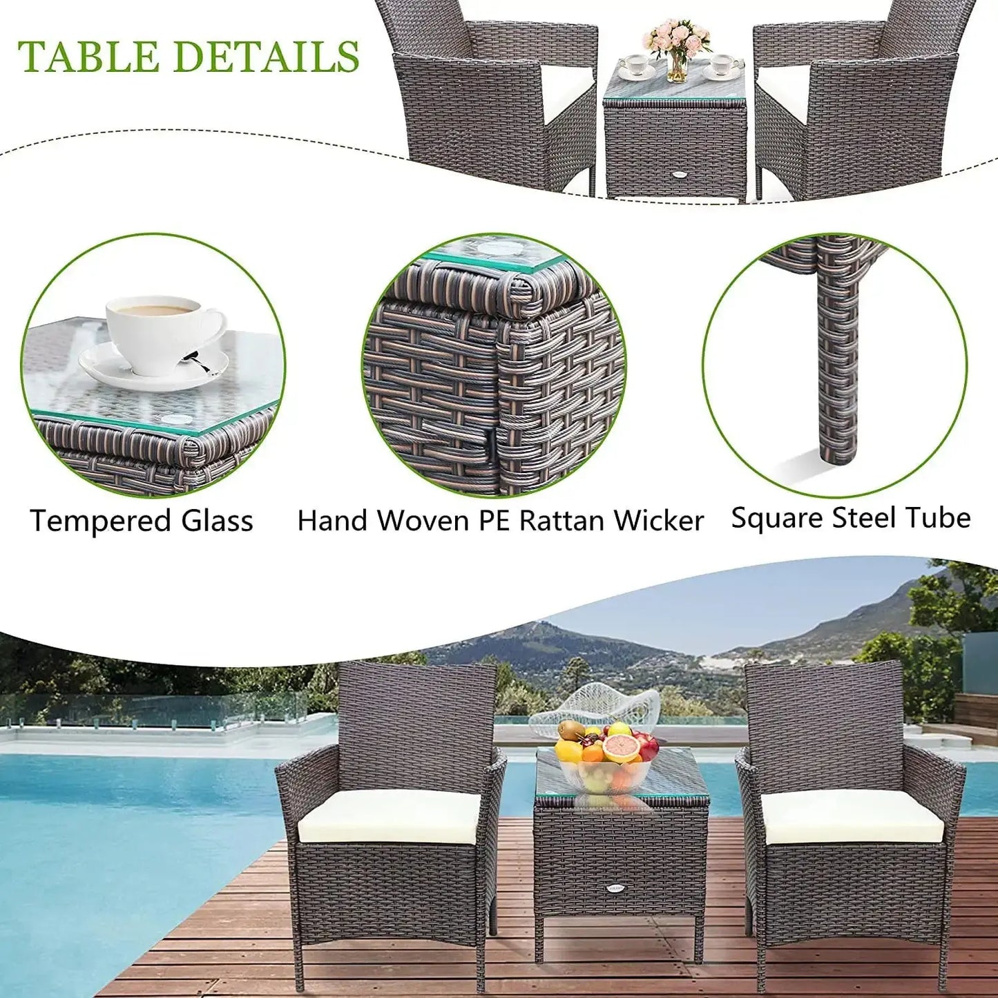 3-Piece Outdoor Bar Set – PE Rattan Wicker Table & Chairs w/ Cushions, Brown - Our3Designs