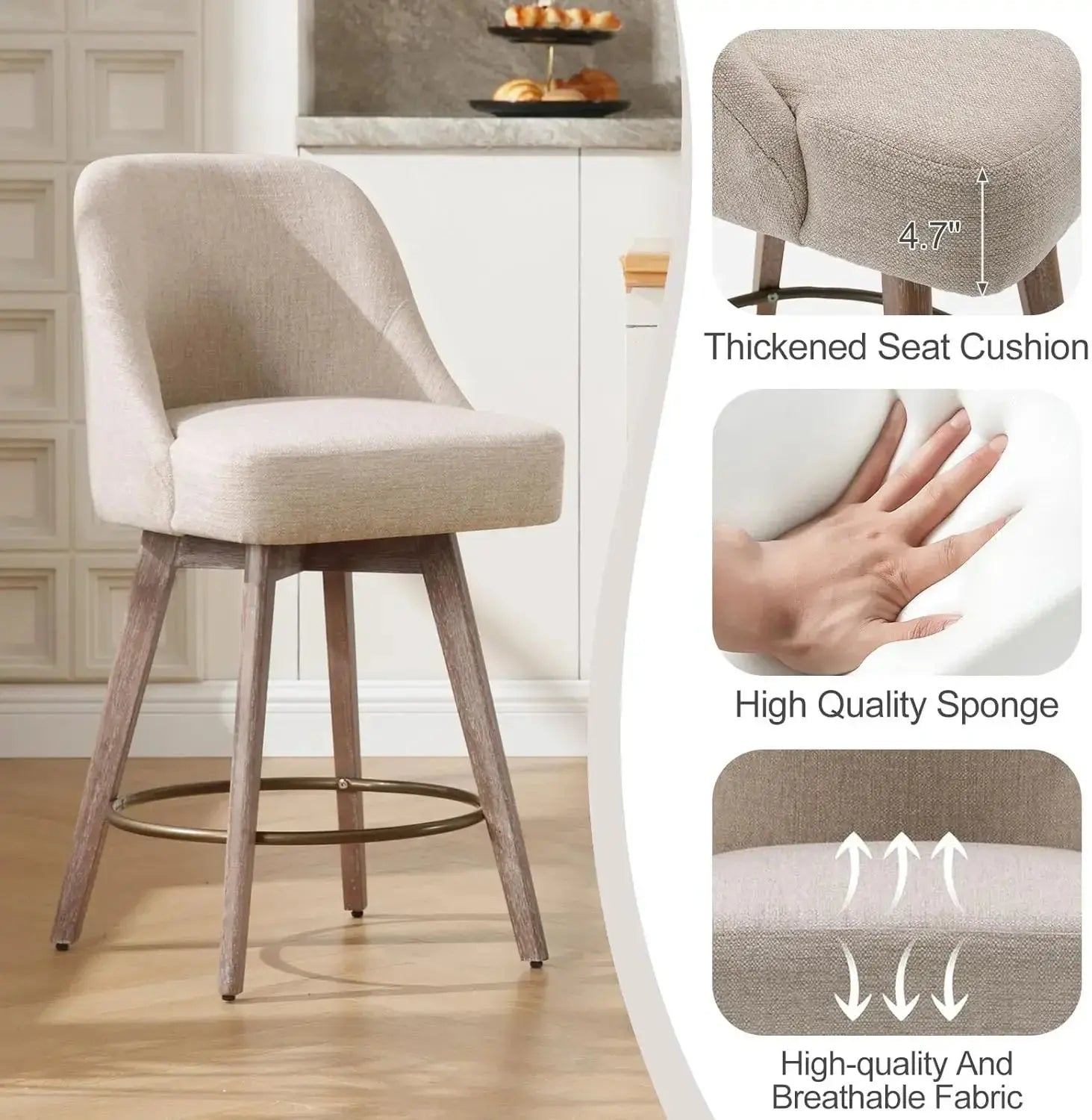 Counter Height Bar Stools Set of 3, Modern Mid-Century Swivel Barstools with Backs and Wood Legs. Our3Designs