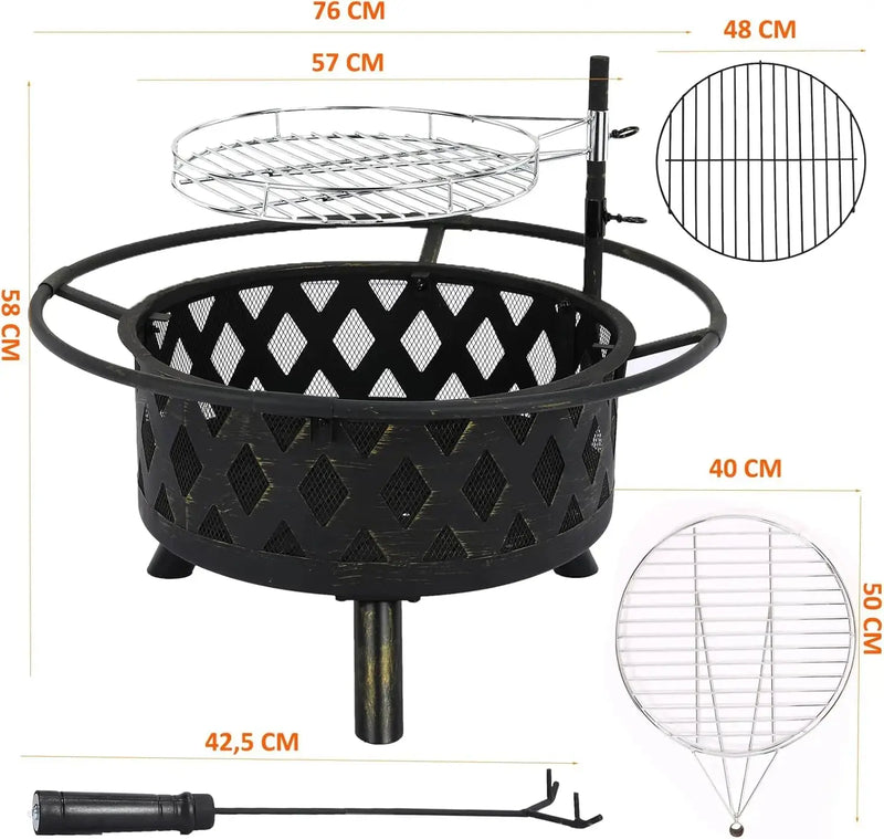 Multifunctional Fire Pit Fire Bowl With Spark Guard& Grill Grate Height Adjustable Garden Patio Fire Pit For Heating BBQ Outdoor Our3Designs