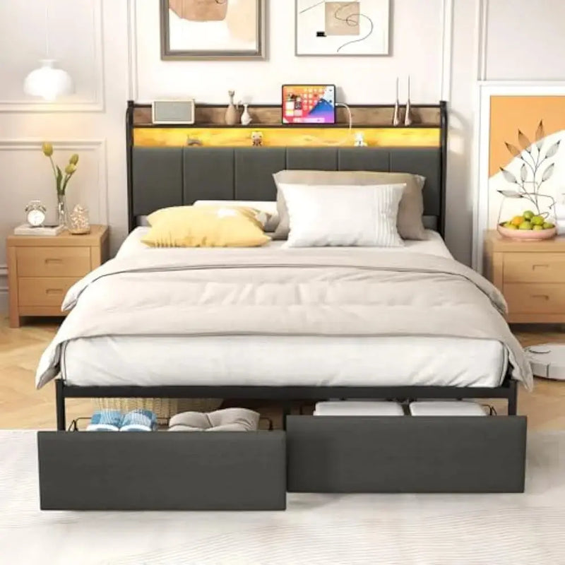 LED Queen Size Bed Frame with Storage Drawer and Charging Station, Metal Platform, No Box Spring Needed, Queen Size Bed Frame Our3Designs
