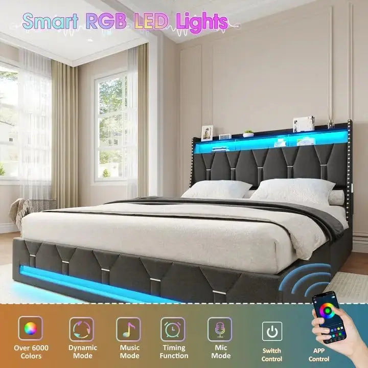 Vabches Queen Size Bed Frame with Headboard&4 Dustproof Storage Drawer Upholstered Platform Bed Frame with Power Strip&LED Light Our3Designs