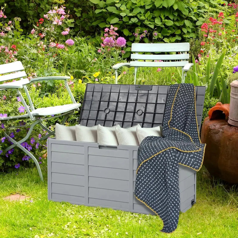 Upgraded 75 Gallon Outdoor Storage Box, Lockable Plastic Storage Containers with Lid, Patio Deck Box Furniture for Garden Our3Designs