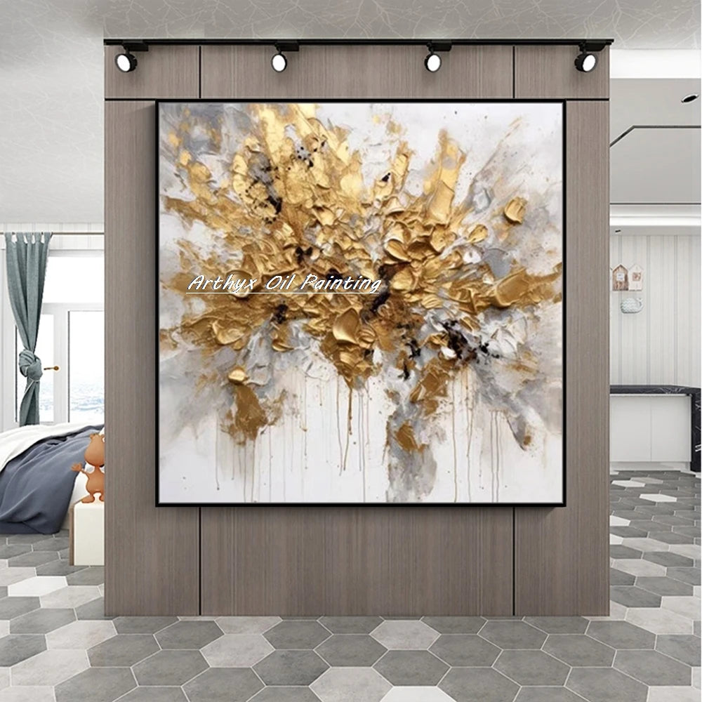 Arthyx Wall Art Picture Handpainted Texture Gold Flowers Oil Painting