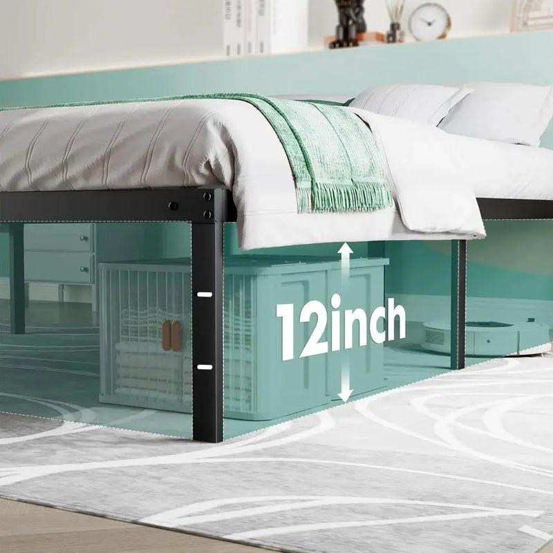 14 Inch High Full-size bed frame - Large heavy-duty metal platform beds frames w/storage space at the bottom, Full bed frame Our3Designs