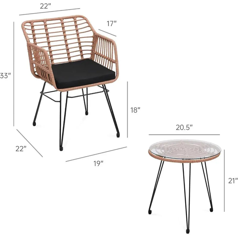 3-Piece Wicker Patio Set – 2 Rattan Chairs & Glass Table w/ Cushions Outdoor - Our3Designs