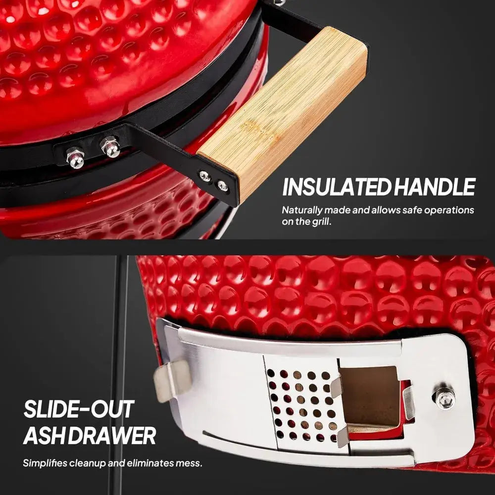 13IN Red Spherical Ceramic Charcoal Grill with Inner Liner, Portable BBQ Smoker for Outdoor Cooking, Camping, and Backyard Gril - Our3Designs