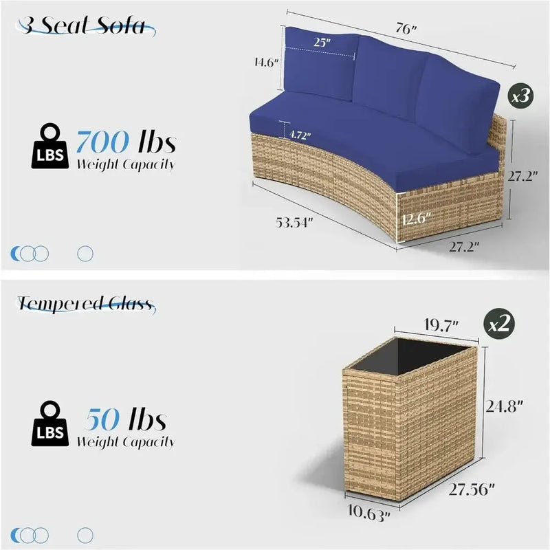Half-Moon Patio Sectional Sofa Set – Outdoor Round Furniture w/ Cushions - Our3Designs