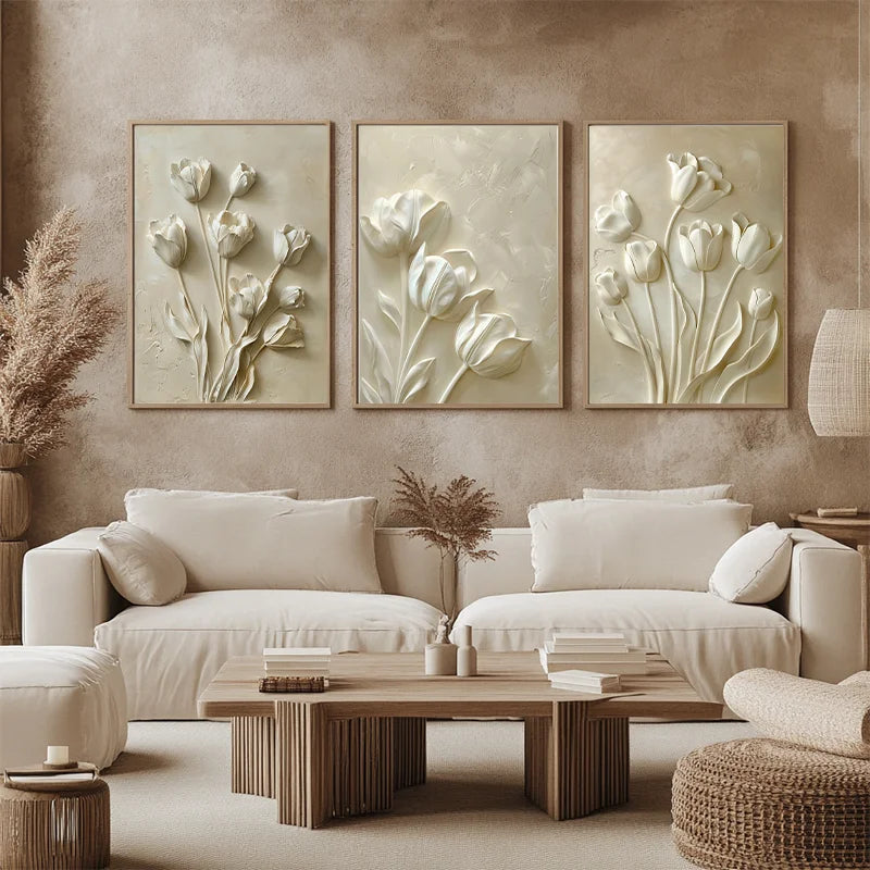 Modern Relief White Tulip Wall Art Decor Elegant Textured Flower Painting