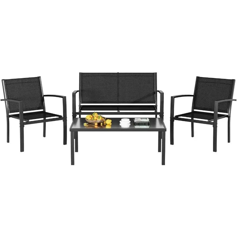 4-Piece Black Patio Furniture Set – Outdoor Conversation Set w/ Glass Table - Our3Designs