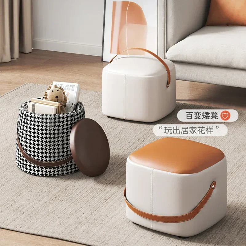 Hallway With Box Storage Stool PU Leather Pouf Household Shoe Stool