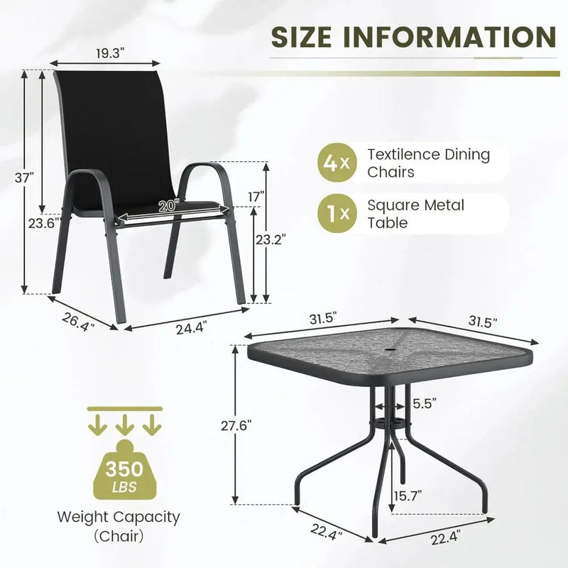 Patio Dining Set for 4, Outdoor Table and Chairs Set with Textured Glass Table, 4 Stackable Patio Chairs, Outdoor Furniture Set - Our3Designs