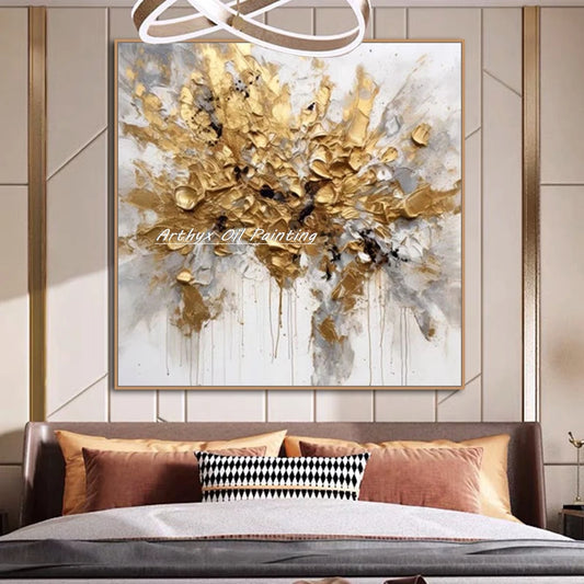 Arthyx Wall Art Picture Handpainted Texture Gold Flowers Oil Painting