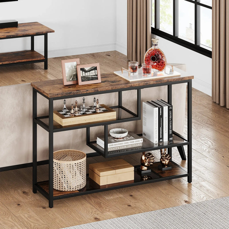 Console Table, 4-Tier Sofa Tables Narrow Entryway Table with Glass Shelf & Metal Frame, 39.4" Behind Couch Table for Living Room Our3Designs