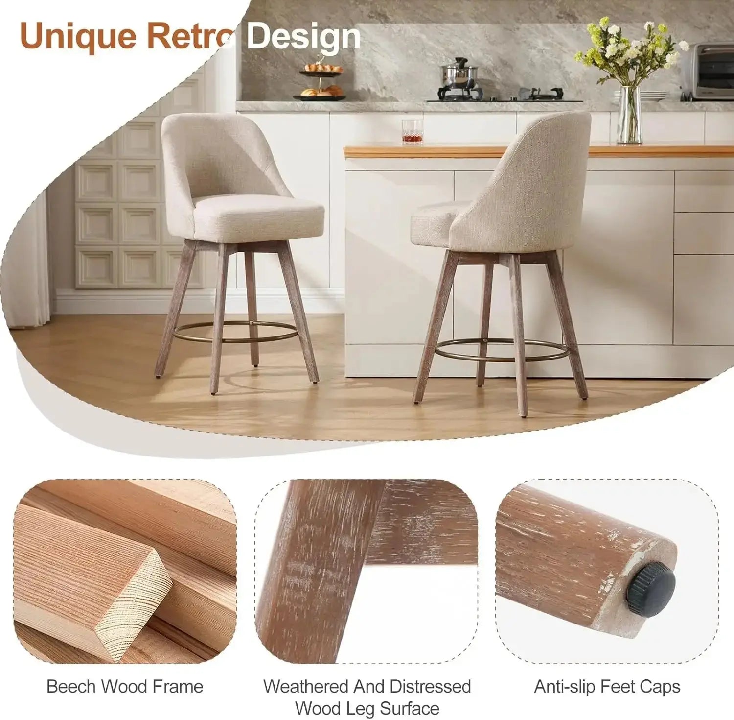 Counter Height Bar Stools Set of 3, Modern Mid-Century Swivel Barstools with Backs and Wood Legs. Our3Designs