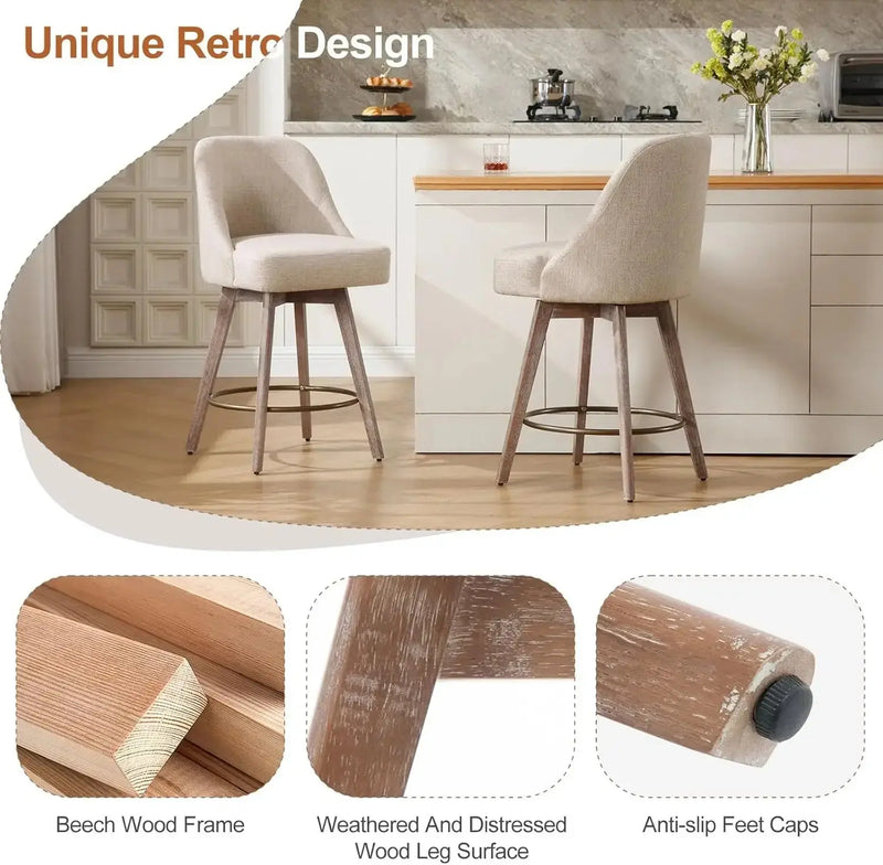 Counter Height Bar Stools Set of 3, Modern Mid-Century Swivel Barstools with Backs and Wood Legs. Our3Designs