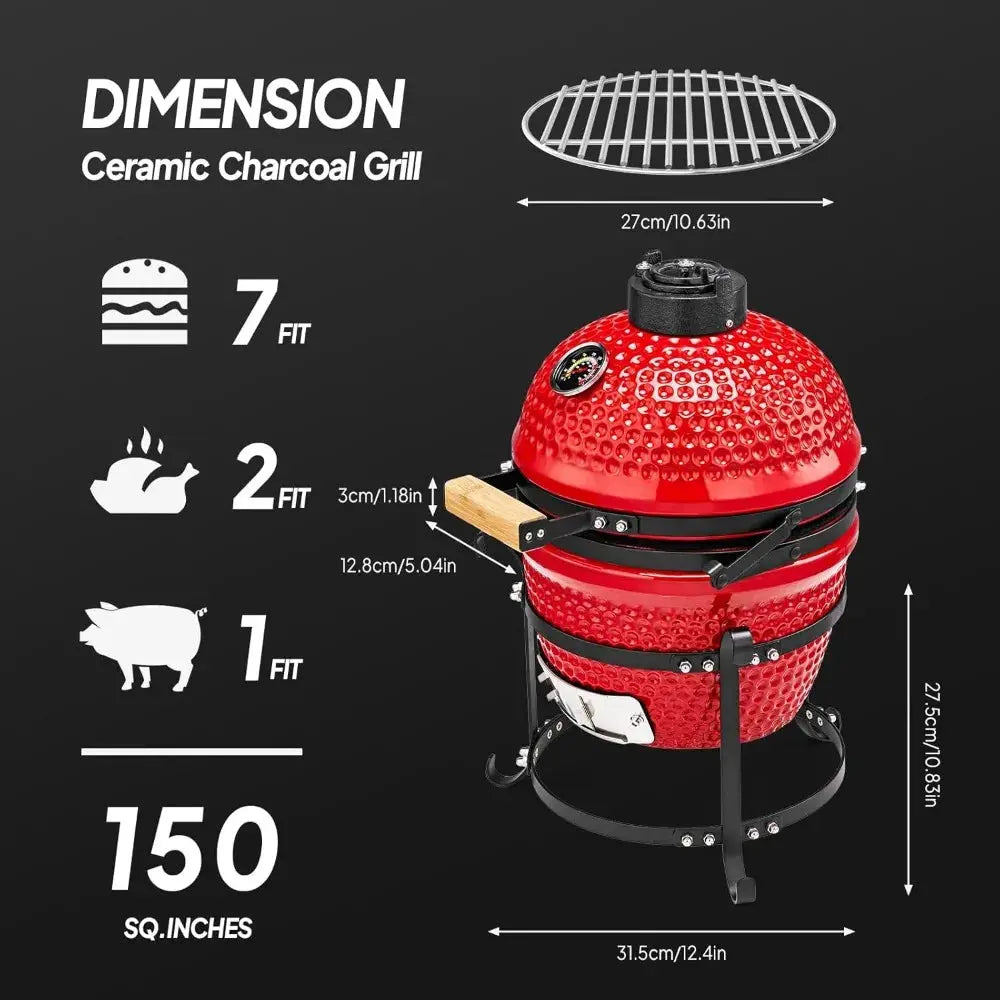 13IN Red Spherical Ceramic Charcoal Grill with Inner Liner, Portable BBQ Smoker for Outdoor Cooking, Camping, and Backyard Gril - Our3Designs