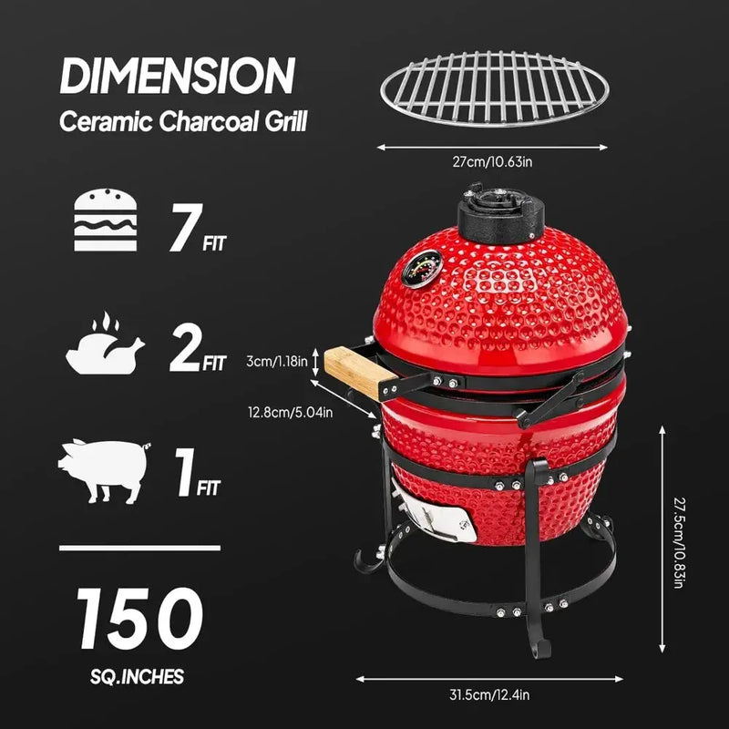 13IN Red Spherical Ceramic Charcoal Grill with Inner Liner, Portable BBQ Smoker for Outdoor Cooking, Camping, and Backyard Gril - Our3Designs