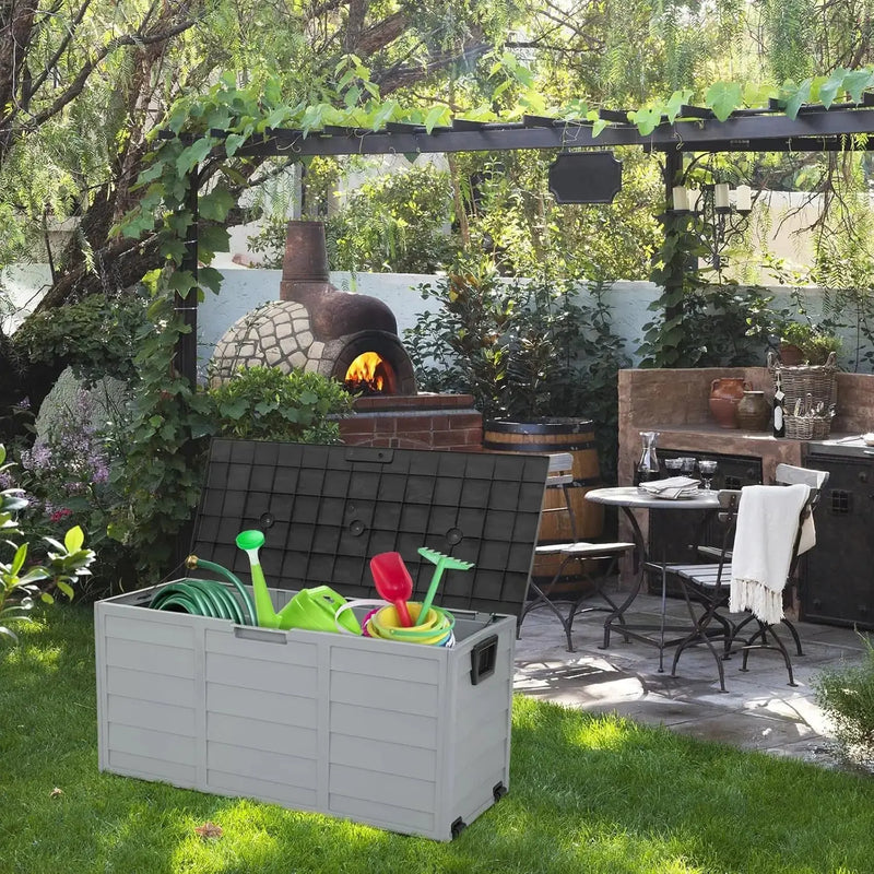 Upgraded 75 Gallon Outdoor Storage Box, Lockable Plastic Storage Containers with Lid, Patio Deck Box Furniture for Garden Our3Designs