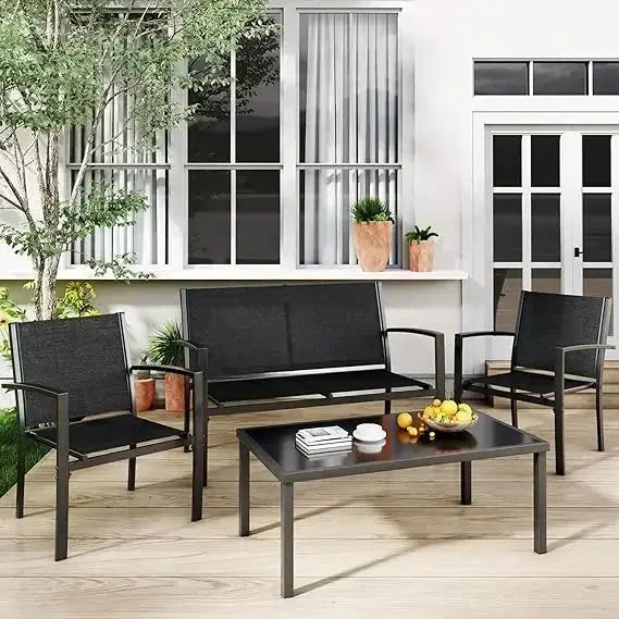 4-Piece Black Patio Furniture Set – Outdoor Conversation Set w/ Glass Table - Our3Designs