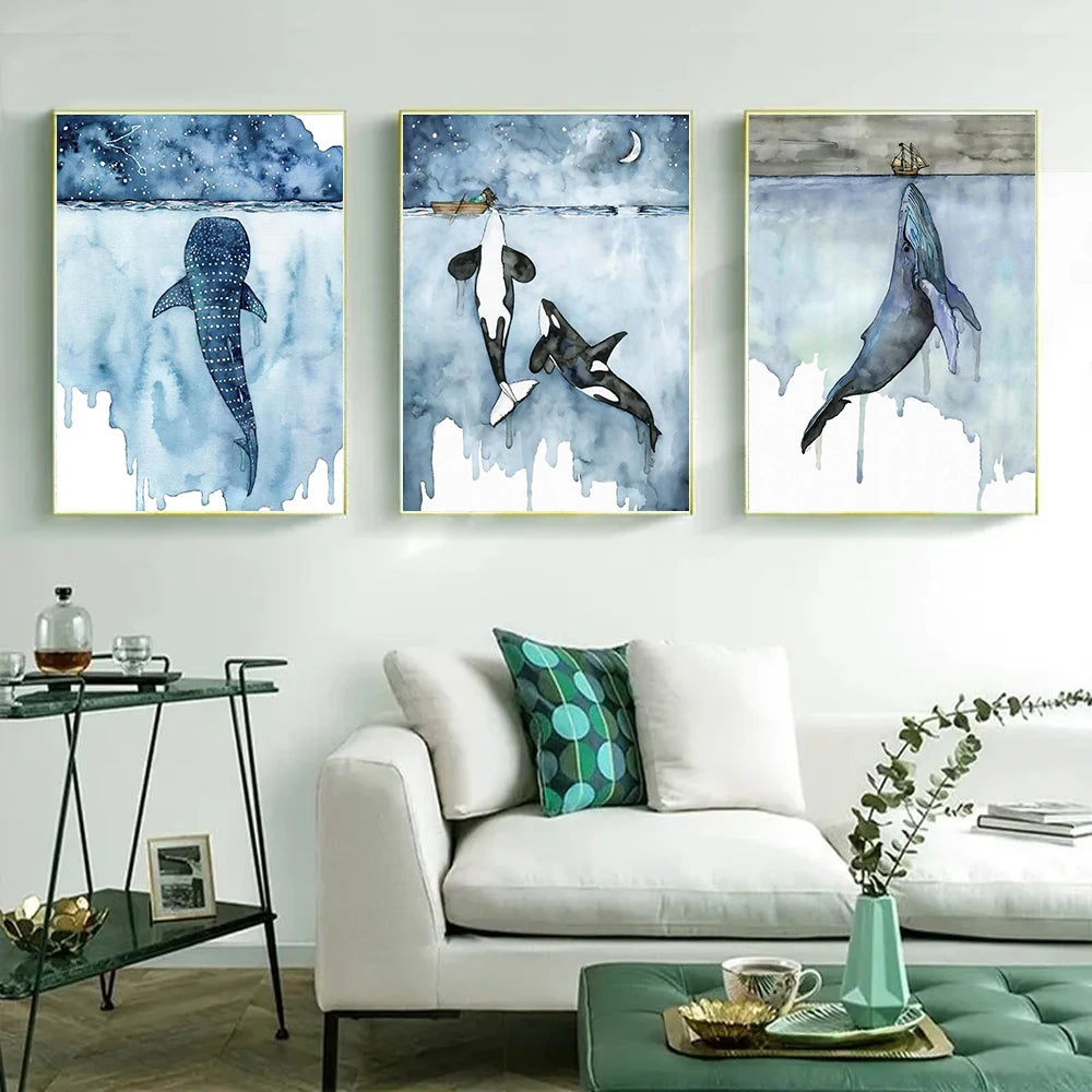 Nordic Style Watercolor Abstract Whale Sea Wall Art Poste
