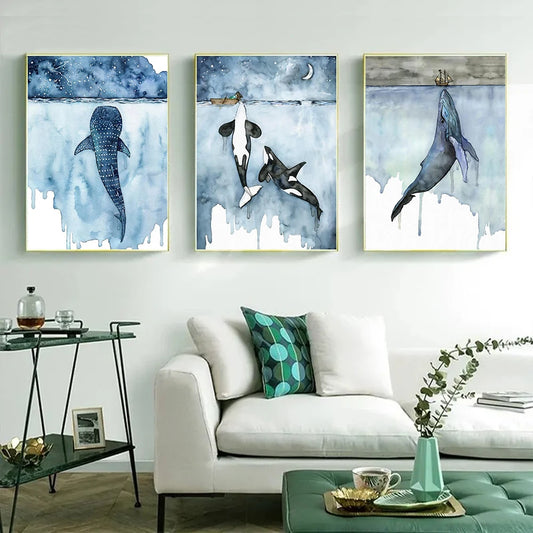 Nordic Style Watercolor Abstract Whale Sea Wall Art Poste