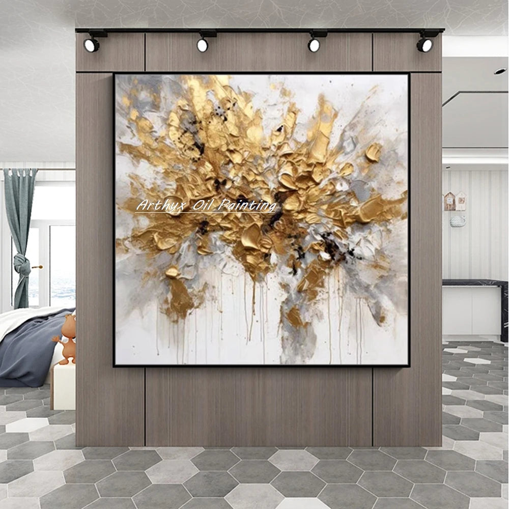 Arthyx Wall Art Picture Handpainted Texture Gold Flowers Oil Painting