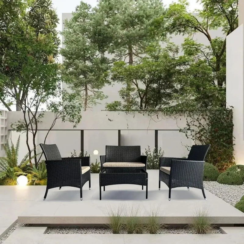4 Piece Patio Furniture Set Sectional Table Chair, Wicker Sofa with Armrest Chair Loveseat and Rattan Side Table Our3Designs