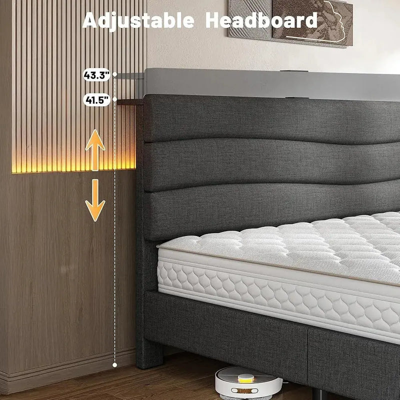 Queen Bed Frame w/Fabric Upholstered Headboard, Storage Headboard & Charging Station, Wooden Slats Support, No Box Spring Needed Our3Designs
