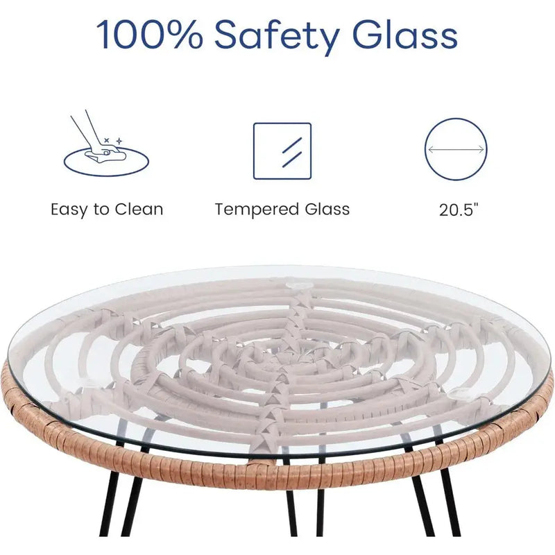 3 Piece Wicker Patio Furniture Set,2 Rattan Chair and Glass Top Table,with seat cushion,all-weather durable garden chair Our3Designs