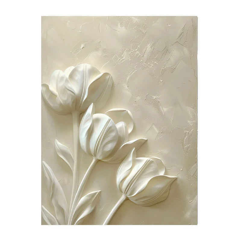 Modern Relief White Tulip Wall Art Decor Elegant Textured Flower Painting