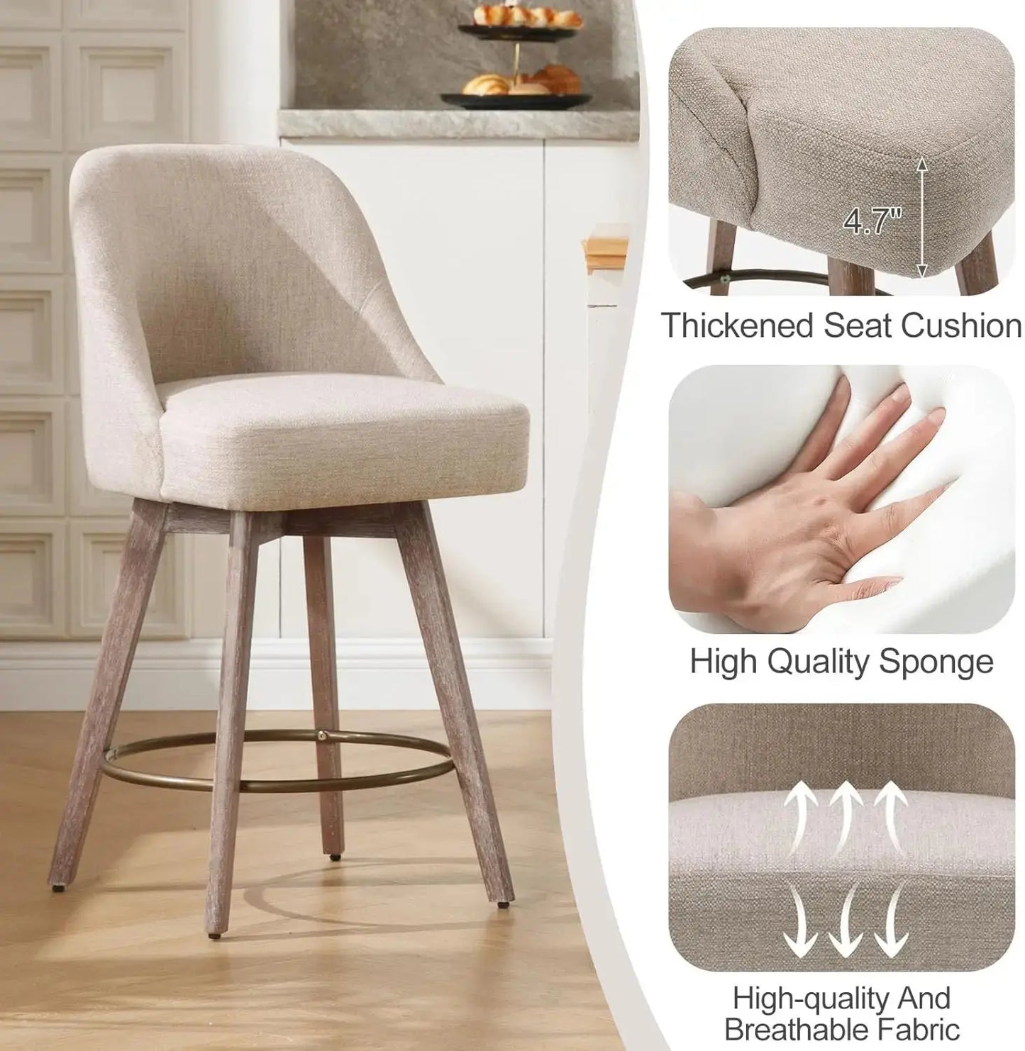 Counter Height Bar Stools Set of 3, Modern Mid-Century Swivel Barstools with Backs and Wood Legs. Our3Designs