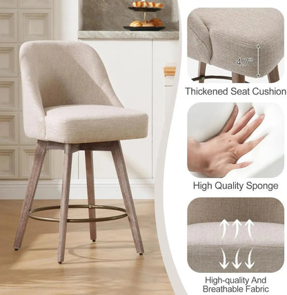 Counter Height Bar Stools Set of 3, Modern Mid-Century Swivel Barstools with Backs and Wood Legs. Our3Designs
