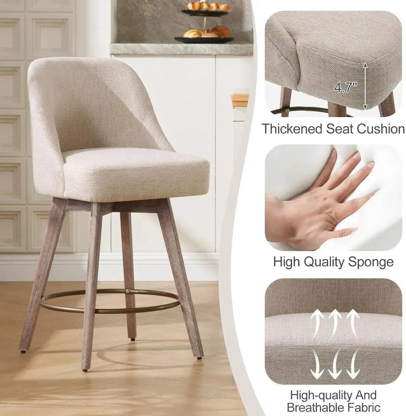 Counter Height Bar Stools Set of 3, Modern Mid-Century Swivel Barstools with Backs and Wood Legs. Our3Designs