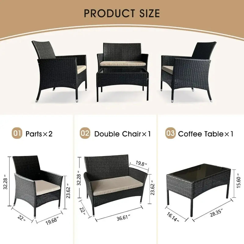 4 Piece Patio Furniture Set Sectional Table Chair, Wicker Sofa with Armrest Chair Loveseat and Rattan Side Table Our3Designs