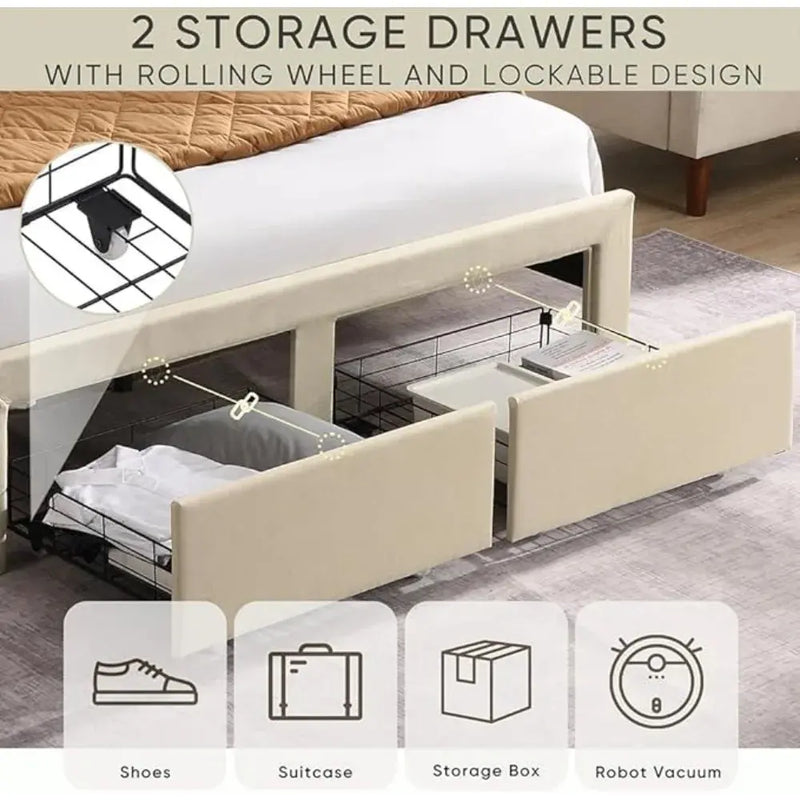 Upholstered Bed Frame w/Charging Station&2 Storage Drawers, Upholstered Headboard Platform Bed, No Box Spring Needed, Beds Frame Our3Designs
