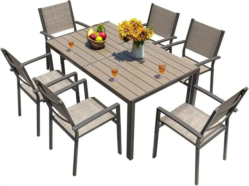 Patio Dining Set 7 Pieces Outdoor Furniture with Large Table and 6 Textilene Chairs for Porch, Brown Our3Designs