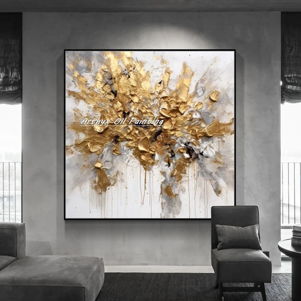 Arthyx Wall Art Picture Handpainted Texture Gold Flowers Oil Painting