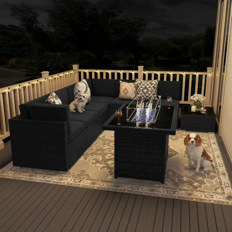 8 Pieces Patio Furniture Set with 44" Propane Gas Fire Pit Table, Outdoor Sectional Wicker Sofa Sets with Coffee Table Our3Designs